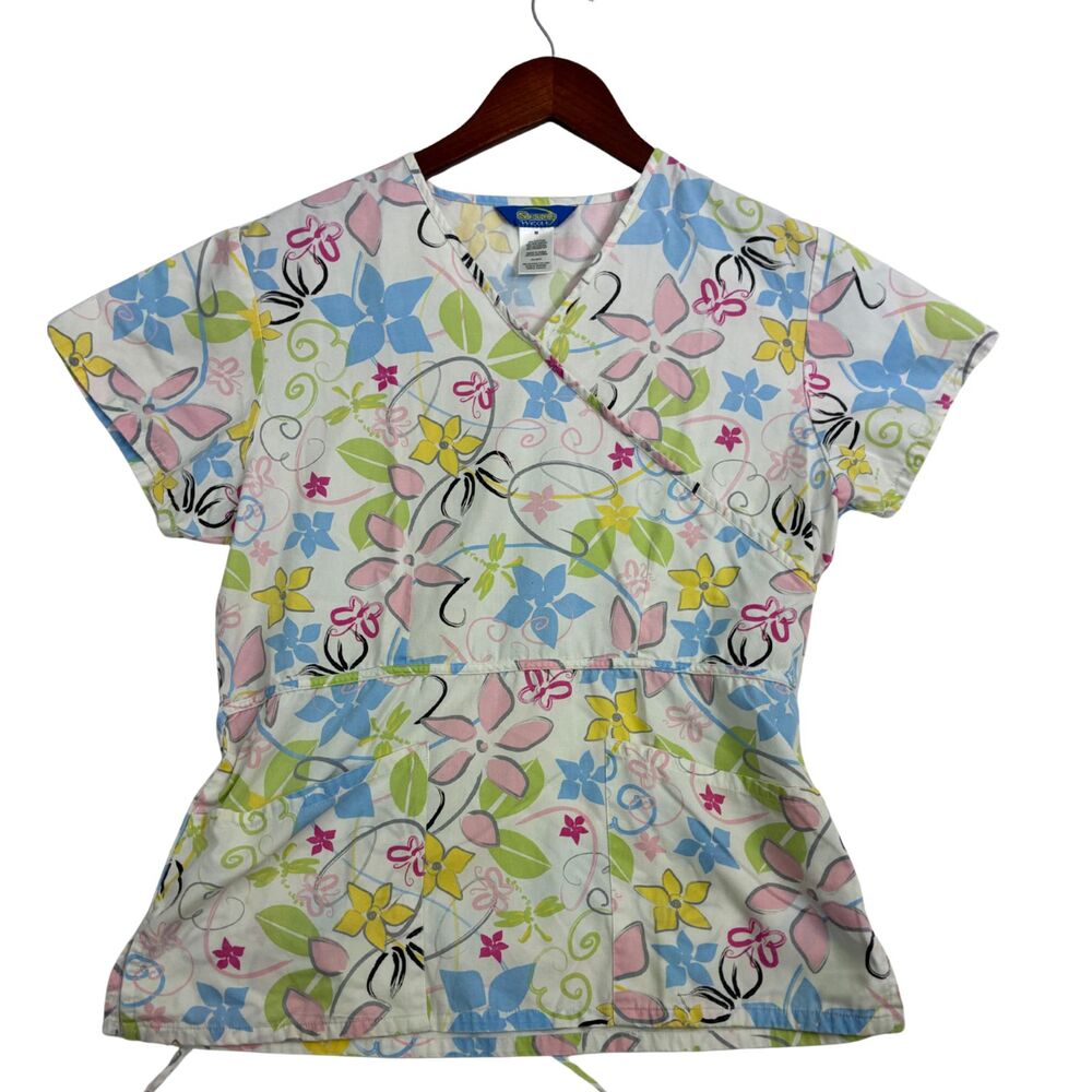 Scrub Works Womens M Floral Scrub Top White Pink Blue Mock Wrap Tie Back Nurse
